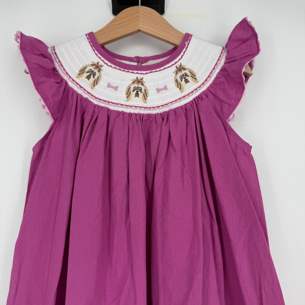 Lil Cactus Purple Smocked Bishop Puppy Dog Dress Size 4T 100% Cotton - Picture 2 of 8